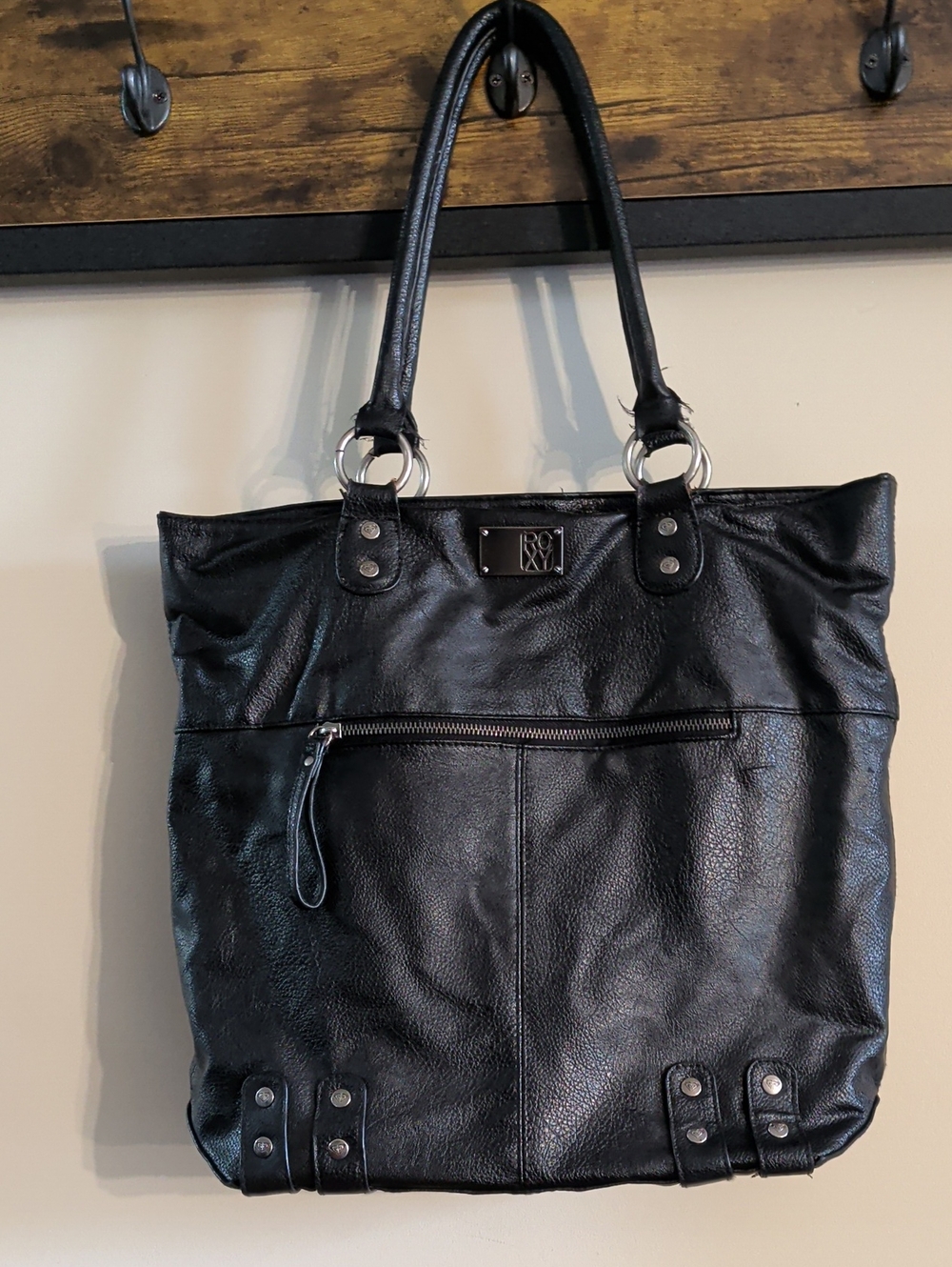 Roxy Black Leather Tote with Silver Hardware